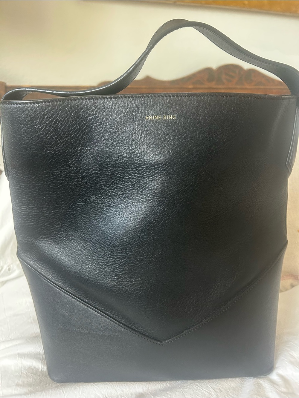 Anine Bing Black Leather Bucket Messenger with Gold Logo